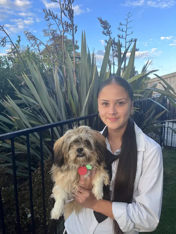 Baylee with Hugo outdoors